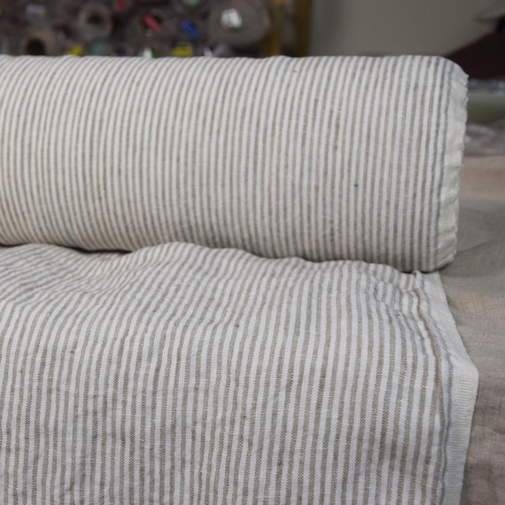 Linen Fabric - "Elba Beige Candy Stripe", 200gsm (5.9oz/yd2), Rustic Wrinkled Texture, Plainly woven, 100% Pure, Premium, Perfect! IN STOCK!