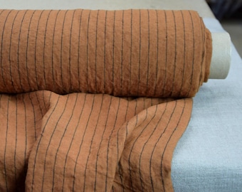 Pure linen fabric Gloria Brown with Black Pinstripe 200gsm/6oz. Preshrunk, Naturally Crinkled, Stylish, Relaxed. Out of Stock, Only sample.