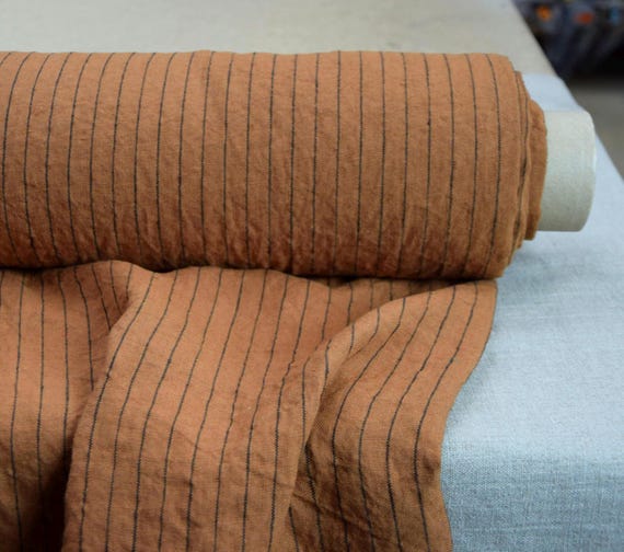 Pure linen fabric "Gloria Brown with Black Pinstripe" 200gsm (6oz/yd2). Pantone Bran 17-1336 color. Pre-shrunk, Creased, Wrinkled, IN STOCK.