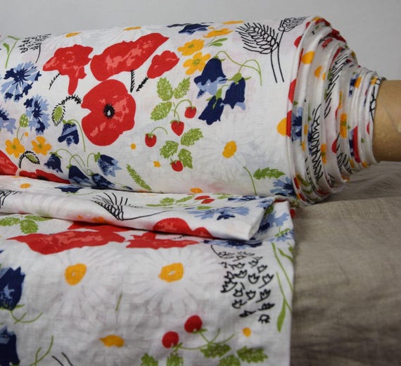 Linen Fabric "Gloria Meadow White Chintz", 200gsm (5.9oz), 100% Pure, Softened & Washed, 57" Wide, Beautiful Summer Fabric! Ready to Ship!