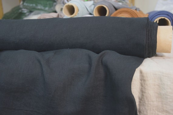 Temporarily OUT OF STOCK. Pure 100% linen fabric Augusta Almost Black 160gsm. Washed-softened, pre-shrunk.