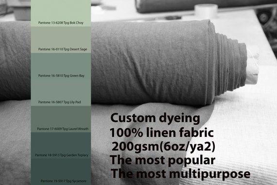 CUSTOM DYEING 100% linen fabric 200gsm (6oz/yd2). Gloria - the most popular linen fabric. Choose color from Pantone green pallette No 2.