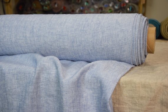 Pure 100% linen fabric "Brava Blue Allure" 225gsm. Light blue-white melange, denim weave. Washed-softened. IN STOCK.