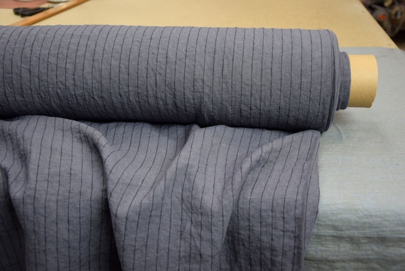 Pure Linen Fabric "Gloria Purplish-Gray Pinstripe" 200gsm (6oz). Pantone 18-3906 Boulevard. medium-dark gray, lilac undertone. IN STOCK.