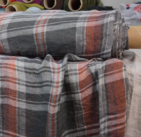 Very thin 95gsm semi-sheer pure 100% linen fabric Serena Salmon-Red Gray Plaid Check.  Washed-softened. Temporarily OUT OF STOCK.
