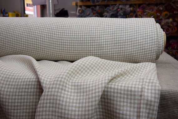 Pure 100% Linen Fabric "Gloria Natural Gingham" 200gsm (6oz/yd2). Small 5mm Beige & White Vichy Check. Washed, Soft, Preshrunk. IN STOCK.