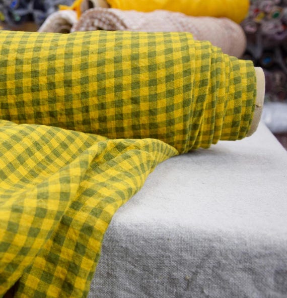 Linen Fabric "Elba Yellow & Olive Green Gingham" 100% Pure, 200gsm/6oz, Bright Vivid Soft Creased Rumpled Drapey Premium Quality, IN STOCK!