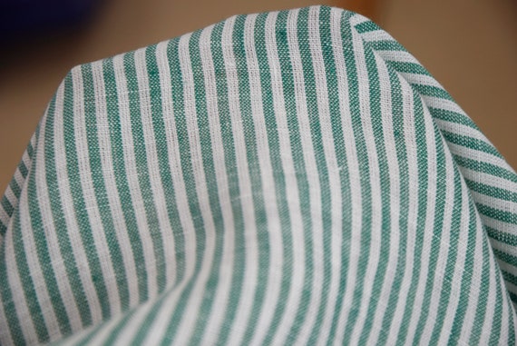 Green/White Striped Linen - 100% Pure Linen, Aura, 125gsm (3.7oz), Breathable. For Summer Garments. Premium. Soft & Drapey. Ready to Ship!
