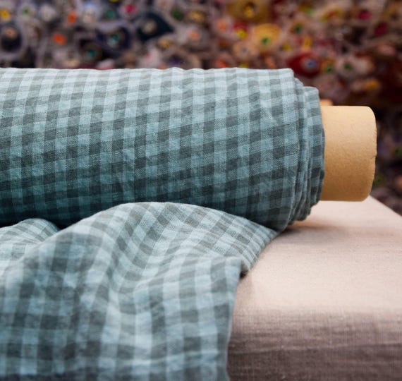 Linen Fabric "Elba Duck Egg Blue-Green Gingham", 100% Pure, 200gsm/6oz, Soft Creased Rumpled Drapey, Premium Quality, for Apparel, IN STOCK!