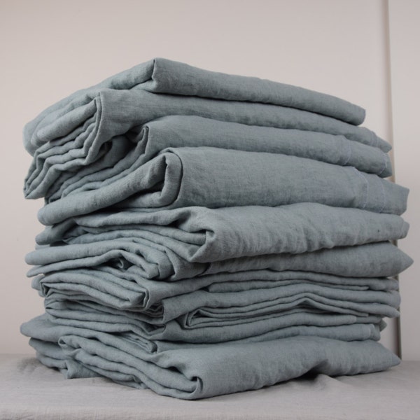 Remnants sale. Pure 100% linen fabric. Dirty pastel blue-gray color, cool dove gray shade. Heavy, thick, softened, homespun, burlap.