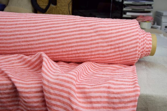 100% Linen Fabric "Aurora Pink & Red Stripe" 160gsm (5oz/yd2), 6mm Horizontal Stripe. Stonewashed, Pre-Shrunk. Premium Quality. IN STOCK!