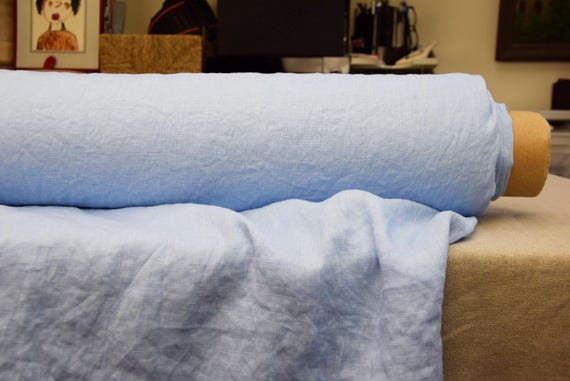 Linen Fabric "Aura Light Cerulean Blue", Thin & Lightweight 125gsm (3.7oz/yd2) Pure 100% Linen, Subtle Creased. IN STOCK.