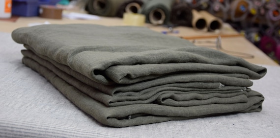 REMNANTS SALE!!! Thin semi-sheer pure 100% linen fabric Serena Dark Olive 95gsm(2.80oz/yd2). Pantone 19-0516 military camouflage army khaki.