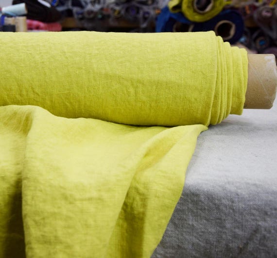 Premium Linen Fabric "Nata Sulphur Yellow" 250gsm (7.3oz), Soft, Stonewashed, Naturally Creased, High Quality,  Crinkled Texture, IN STOCK!