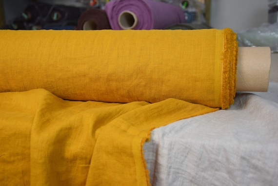 Pure 100% Linen Fabric "Gloria Curcuma Yellow" 200gsm (6oz/yd2). Washed-softened. A bright saturated golden orange-yellow color. WHOLESALE.