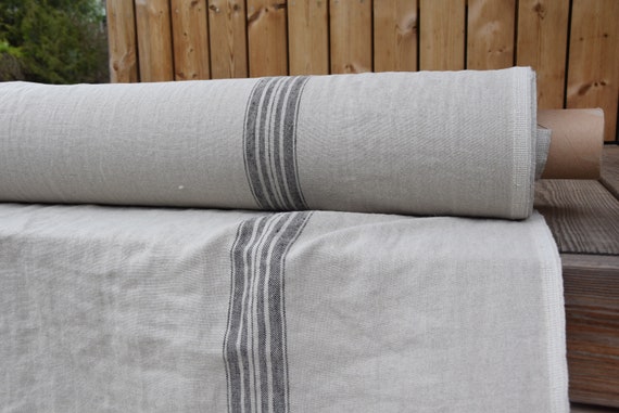 100% linen fabric "Pera Natural Black Stripe" 350gsm. French grain sack pattern. Pre-shrunk. Eco-friendly heavyweight material. IN STOCK!