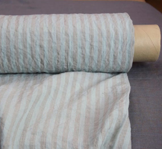 Premium Linen Fabric - Aurora Shooting Sea Stripe, 160gsm (5oz), Pale Violet-Pink & Teal Blue Hues, 100% Pure, Soft, OUT OF STOCK.