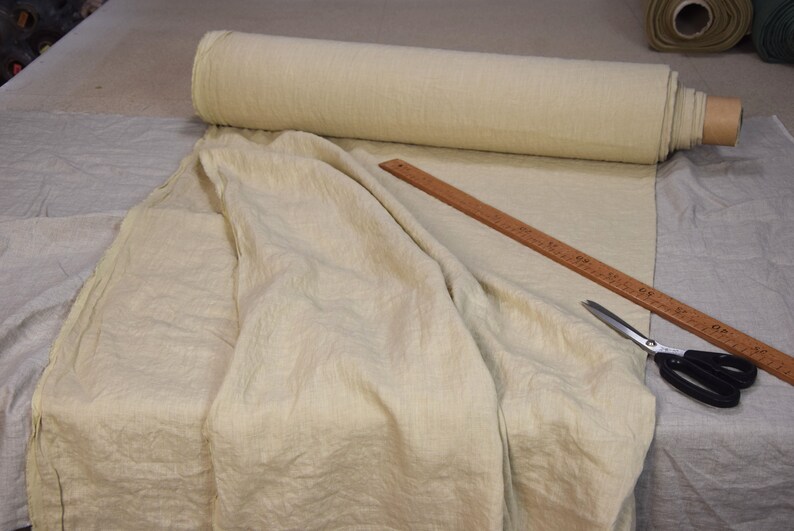 Pure linen fabric Regina Sesame. Light weight, not sheer. Pantone 15-1215 Tcx Sesame Color (beige color with some pale brownish-sand and greenish undertones). Drape characteristic are very good. Plain, densely woven. Pre-washed, naturally wrinkled.