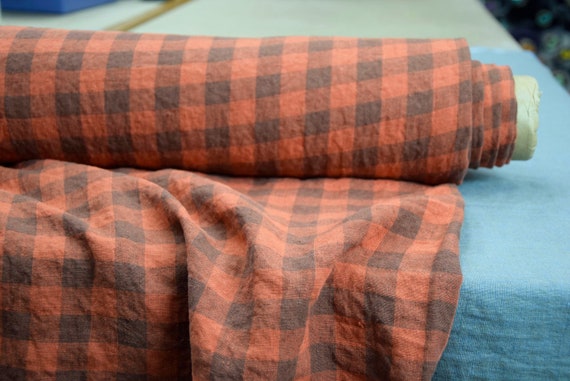 Linen Fabric "Stella Red-Orange & Gray Gingham", Premium 100% Pure Linen, 190gsm (5.8oz), Vibrant Orange Pantone 17-1464. OUT OF STOCK.