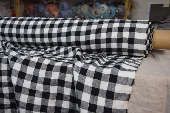 Pure 100% linen fabric Gloria Black/White Chessboard Check 190gsm(5.60oz/yd2). 2cm check. Washed-softened.