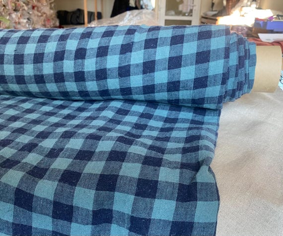 Linen Fabric "Stella" Blue Gingham, 100% Organic Linen, 190gsm (5.7oz), 2cm Checks, Vichy Pattern, Creased, Extra Soft, By the Yard.