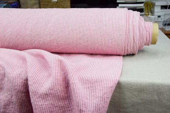 Pure Linen Fabric "Elba Pink Candy Stripe" Premium Mid-Weight 200gsm/6oz, Pre-shrunk, Stonewashed, Creased, OOAK by Linengraphy! IN STOCK!