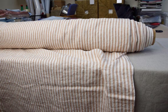Linen Fabric "Aurora Brownish Stripe" Sand, Camel, Caramel, Brown Premium 100% Pure Lightweight 160gsm/5oz Pre-Shrunk Creased Ready to Ship!
