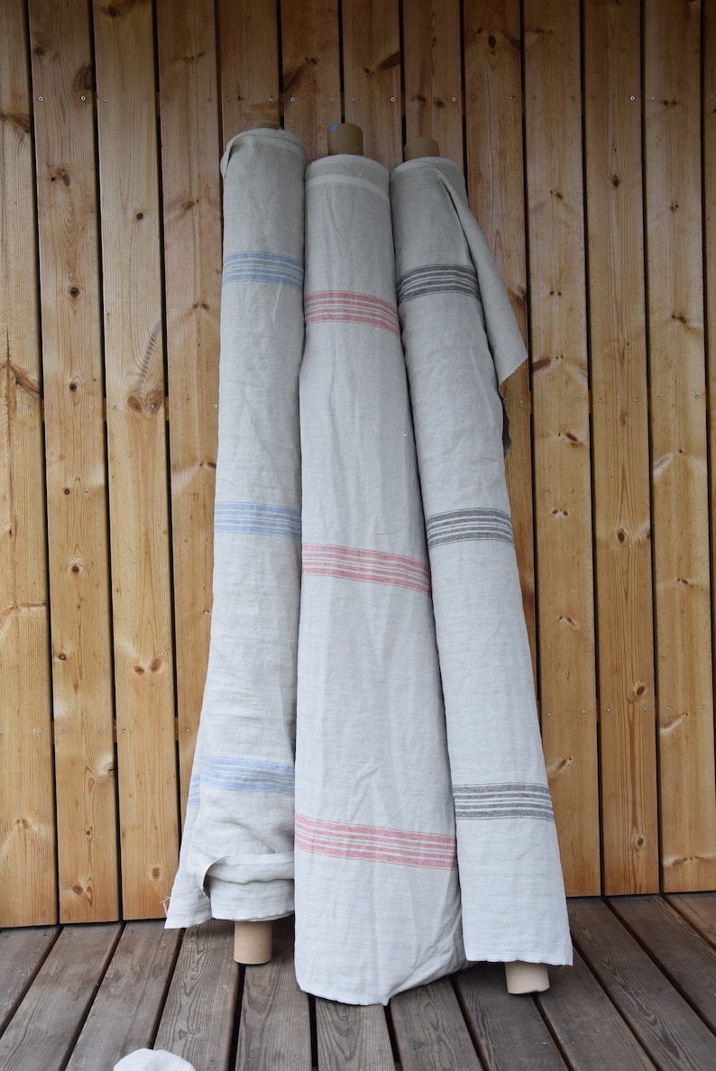 IN STOCK. 100% linen fabric Pera Natural Red Stripe 350gsm. French grain sack pattern. Pre-shrunk. Eco-friendly heavy and thick material. image 9