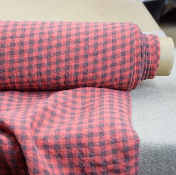 Eye-Catching Linen Fabric - Elba Persimmon Gingham, Orange-Pink Check, 200gsm/6oz, 100% Pure, 8mm Check, OOAK Linengraphy Design, IN STOCK!