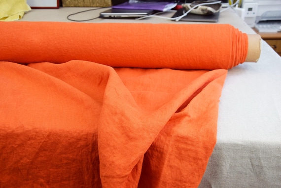 Pure Linen Fabric "Augusta Vivid Orange" 170gsm (5oz/yd2).  100% Linen, Stonewashed, Naturally Crinkled, Fully Pre-shrunk. Soft. IN STOCK!