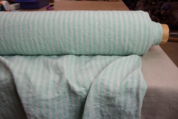 Linen Fabric "Aurora Greenish & Pale Blue Stripe" 160gsm(5oz/yd2). Pure 100% Linen. 8mm Bengal Stripe. IN STOCK.