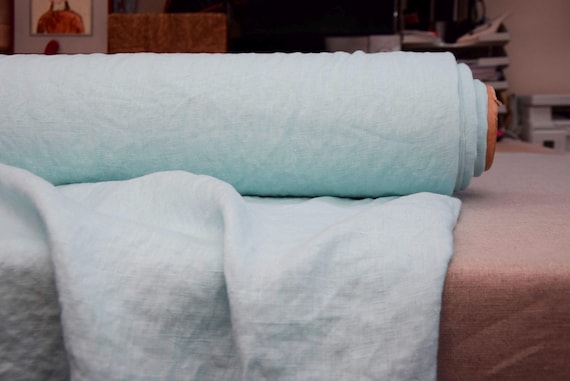 100% Fabric Linen "Gloria Pale Aquamarine", 200gsm/6oz, Premium Quality, Soft, Creased, Preshrunk, Washed. Light Pale Blue-Green. IN STOCK!