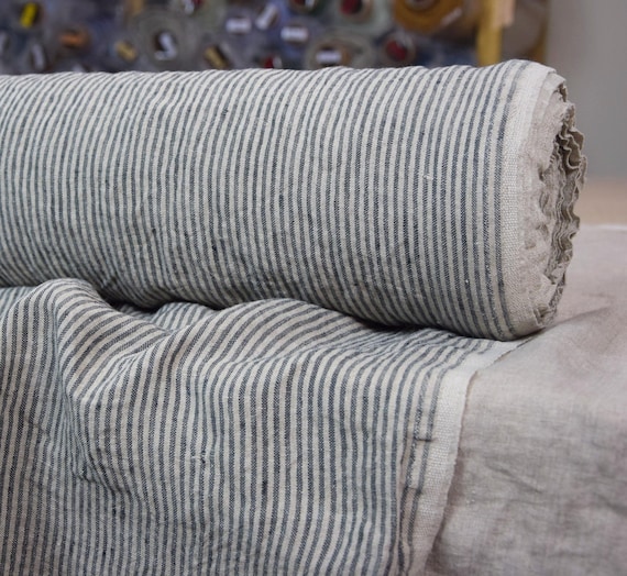 Linen Fabric "Elba Iguana Candy Stripe", Undyed Flax & Green-Gray, 200gsm, Soft, Softly rumpled, Unique, Premium Quality, IN STOCK!