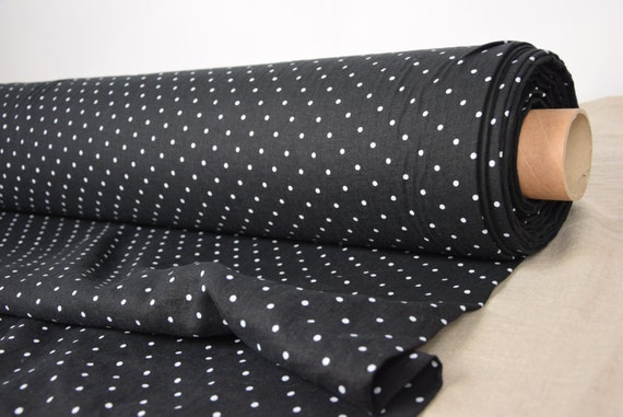 Temporarily OUT OF STOCK. Pure 100% linen fabric Gloria Black Polka Dot 190gsm. White small dots on black. Washed-softened.