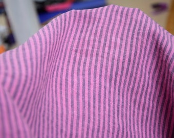 IN STOCK. Pure 100% linen fabric Aura Precious Pink  Stripe 125gsm (3.70oz/yd2).  Softened.