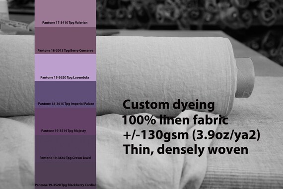 CUSTOM DYEING 100% linen fabric 130gsm (3.80oz/yd2). Aura, thin lightweight densely plainly woven. Lavender Rose Blackberry Purple No 10.