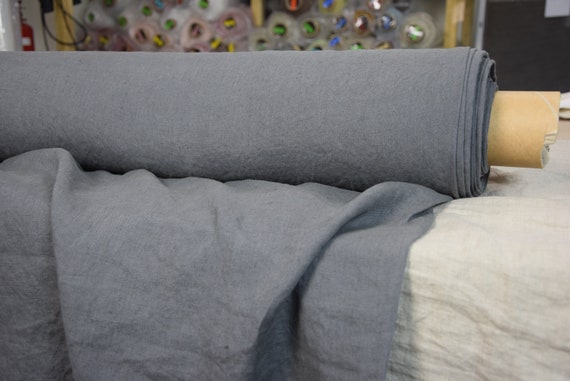 Temporarily OUT OF STOCK. Pure 100% linen fabric Gloria Pewter Gray 190gsm. Medium darkness bluish-gray. Washed-softened.