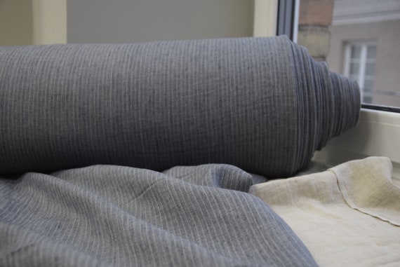 100% Linen Fabric "Margarita Classic Gray Striped" 190gsm (6oz/yd2). Melange with insignificant pinstripes. Washed-softened. IN STOCK.