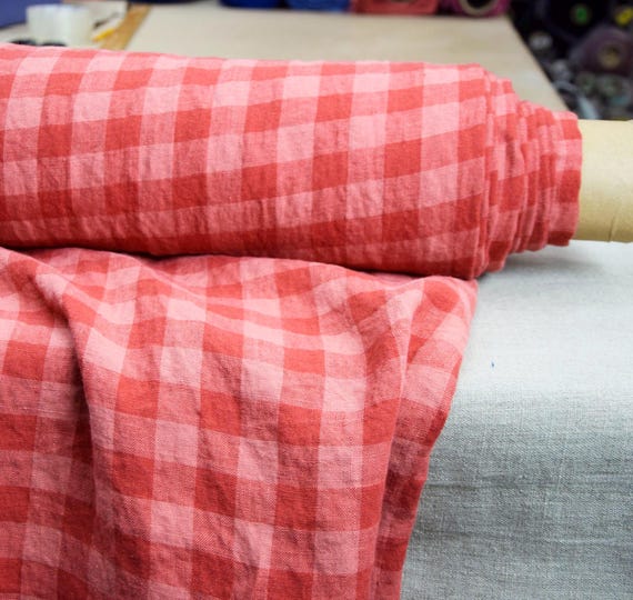 Fabric 100% Linen - "Stella Orange & Red Gingham", 190gsm (5.7oz), Premium Quality, Sustainable, Pantone 16-1544 Persimmon. IN STOCK!