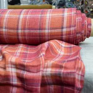 Tkanina lniana 100% „Gloria Red Orange Tartan”, doskonała jakość, miękka, 200 g/m2 (5,9 oz), czysty len, żywa kratka, klasyczna, BRAK W MAGAZYNIE!