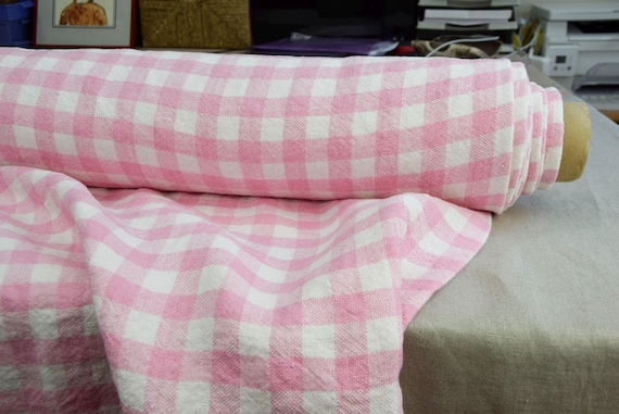 100% Linen Fabric "Udana Pink Gingham" 450gsm/13oz. Pre-shrunk. Stonewashed. Heavyweight Material By The Yard. Pink White Check. IN STOCK!