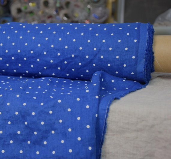 Beautiful Pure Linen Fabric "Gloria Classic Blue Polka Dot", Tightly Woven Texture, 200gsm, Softened, Airy Feel, Dotted Design, IN STOCK!