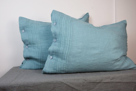 Pair of 100% linen pillow covers. Hemstitched. DUCK EGG bedding collection. Greenish-bluish. Standard, queen, king, custom sizes. Washed.