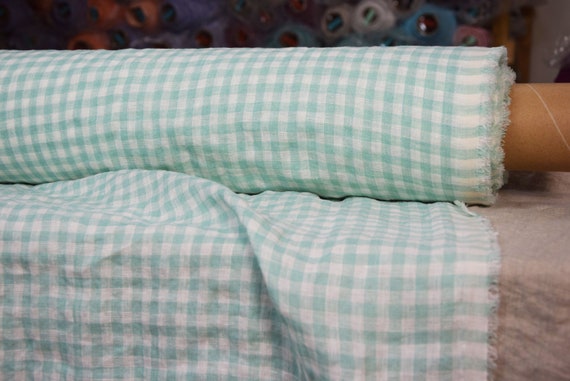 Pure 100% linen fabric Aura Mint Gingham 125gsm (3.70oz/yd2). 8mm checks. Pastel green vichy. Washed-softened. Widht 145cm (57").