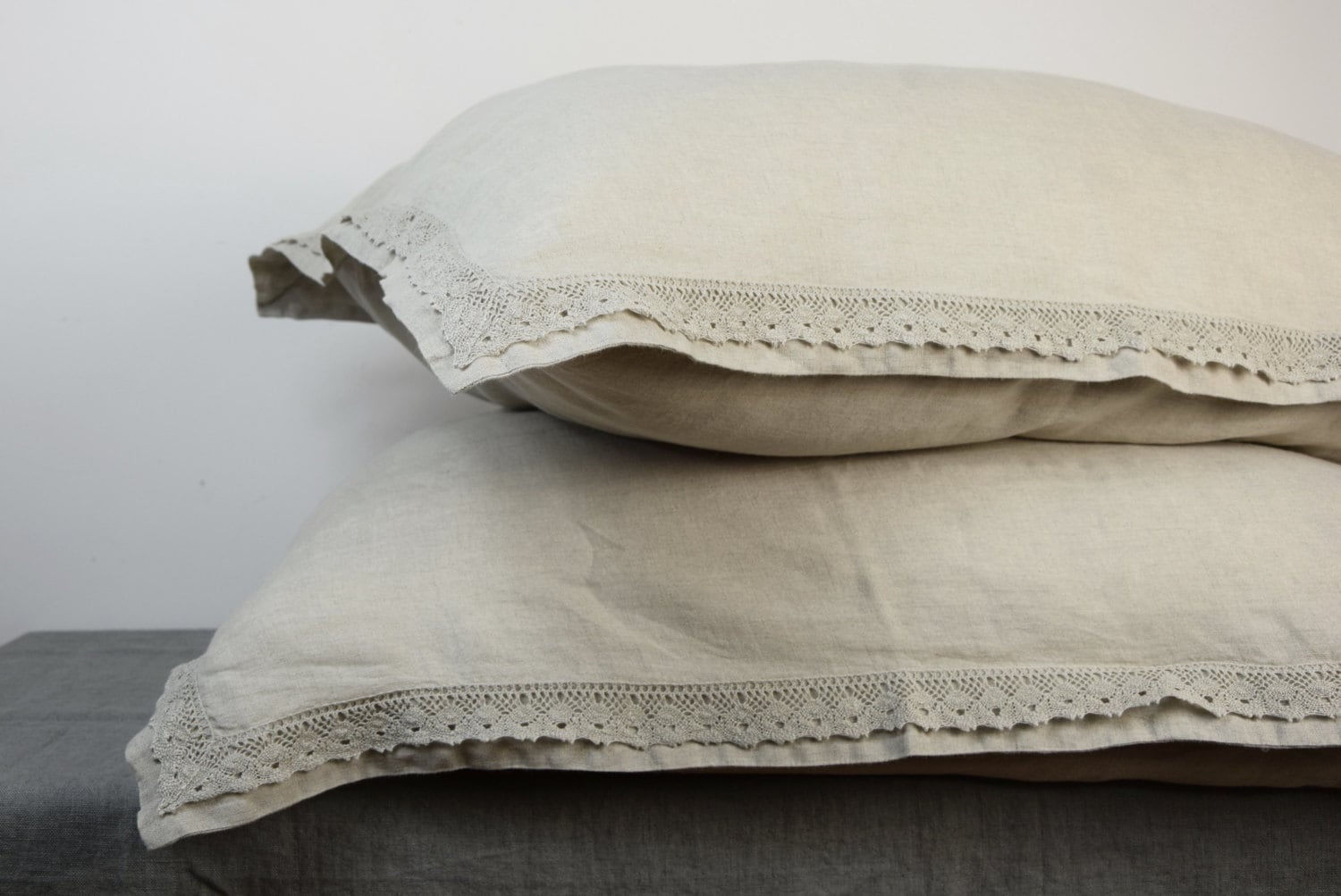 Pair of 100 linen pillow shams with lace. NATURAL bedding Etsy