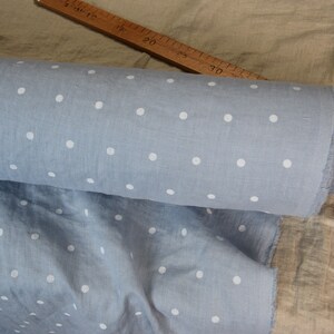 IN STOCK. Pure 100% linen fabric Gloria Cashmere Blue Polka Dot 190gsm. White dots, pastel soft blue. Washed-softened. image 4