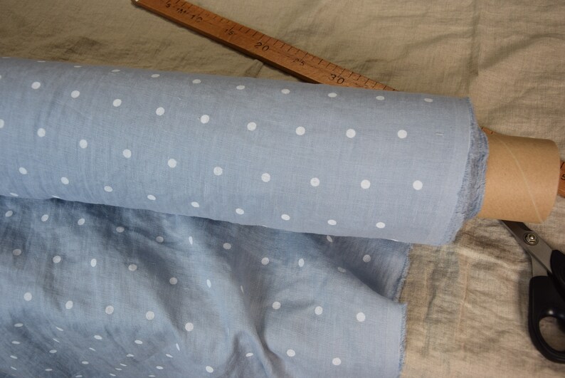 IN STOCK. Pure 100% linen fabric Gloria Cashmere Blue Polka Dot 190gsm. White dots, pastel soft blue. Washed-softened. image 4