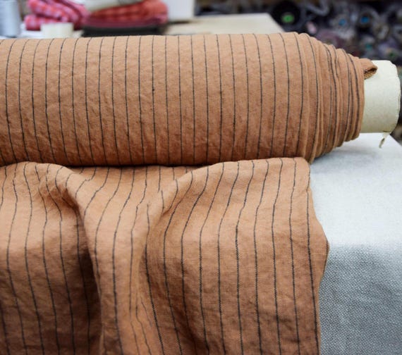 Pure linen fabric "Gloria Mellow Brown Pinstripe" 200gsm (6oz/yd2). Mocha Mousse- Pantone 17-1230 color of the year 2025. IN STOCK.