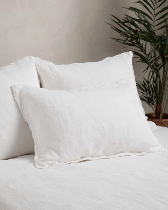 100% Linen Pillowcases, Set of 2, Stone Washed White Linen Pillowcase, Handmade, Standard Queen King, Sizes, WHITE HAVEN collection.