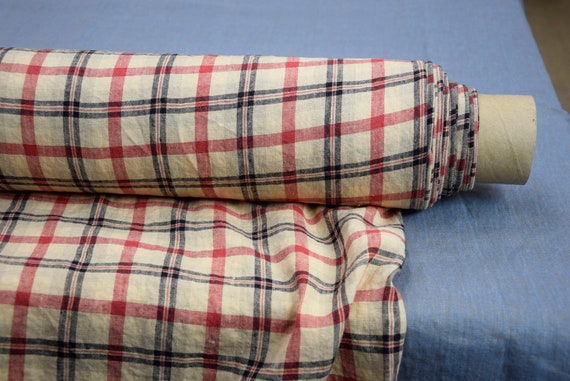 Pure 100% linen fabric "Elba Peach/Black/Red Tartan" 200gsm (6oz/yd2). Densely plainly wowen, washed-softened. IN STOCK.